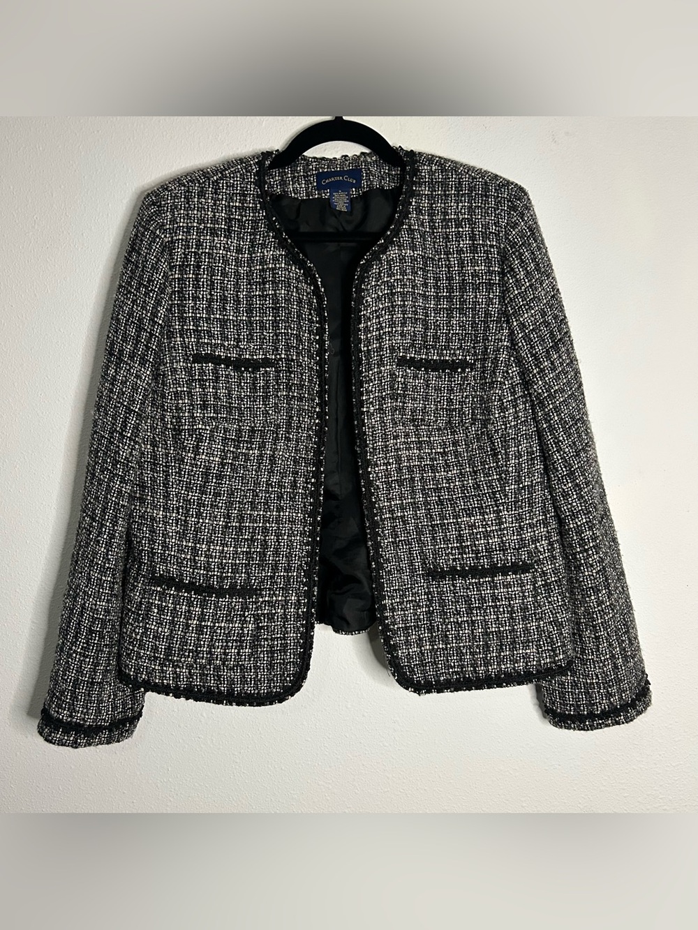 Charter Club Black & White Tweed Open-Front Jacket